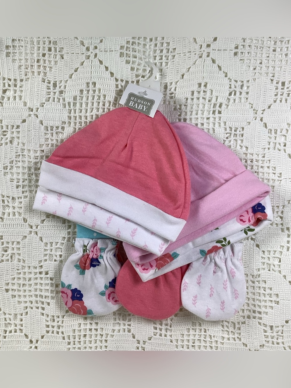 Hudson Baby Pink and Floral Newborn Hat & Mitten Set